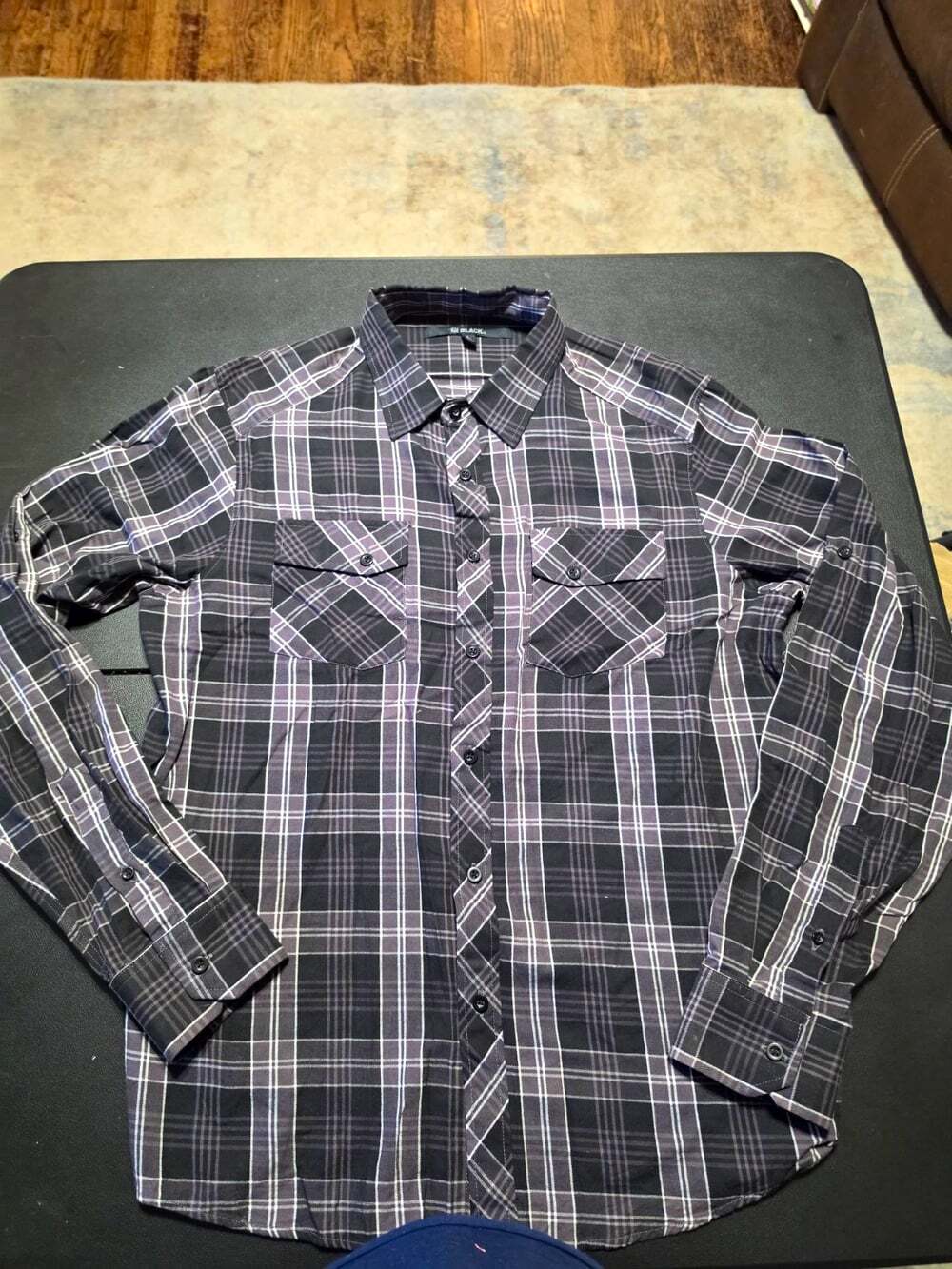 Black Men's Plaid Long Sleeve Button-Up Shirt Point Collar Pockets Size L